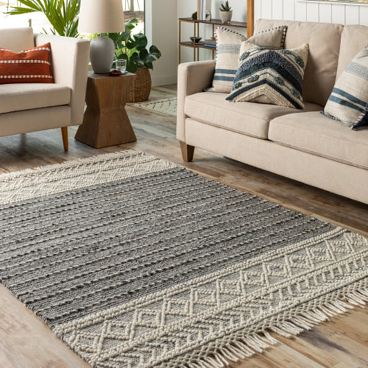 Lucia Rug - 30188 by Livabliss in charcoal, gray, light gray. Made from 70% wool, 30% polyester in a unique style.