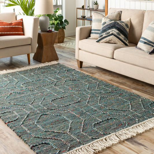 Lucia Rug - 30190 by Livabliss in deep teal, red, yellow. Made from 70% wool, 30% polyester in a unique style.