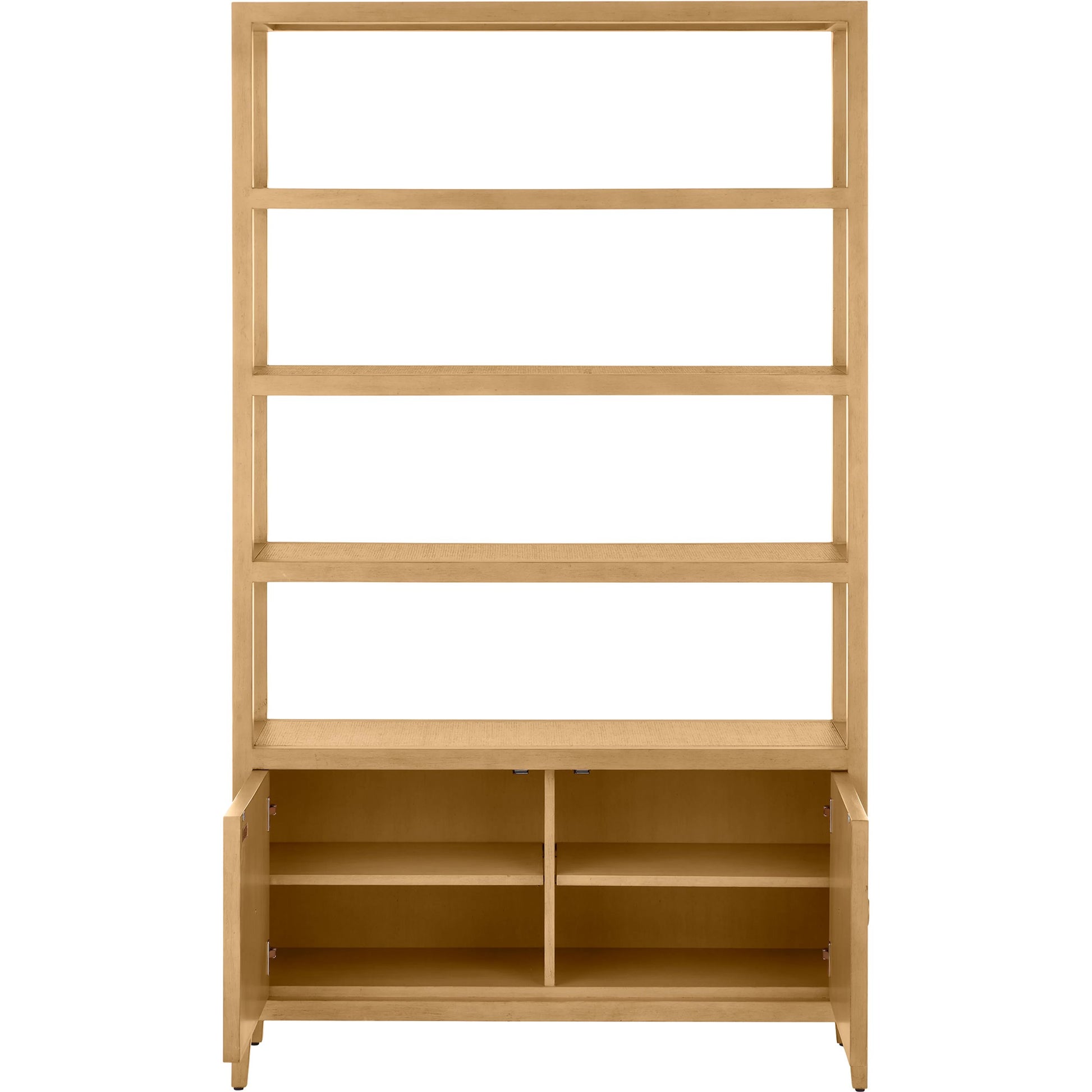 Santos Storage Etagere by Currey and Company in vintage navy, brushed brass. Made from rattan, mahogany, grasscloth, brass in a transitional style.