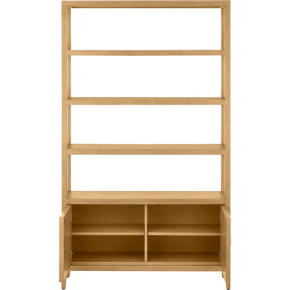 Santos Storage Etagere by Currey and Company in vintage navy, brushed brass. Made from rattan, mahogany, grasscloth, brass in a transitional style.