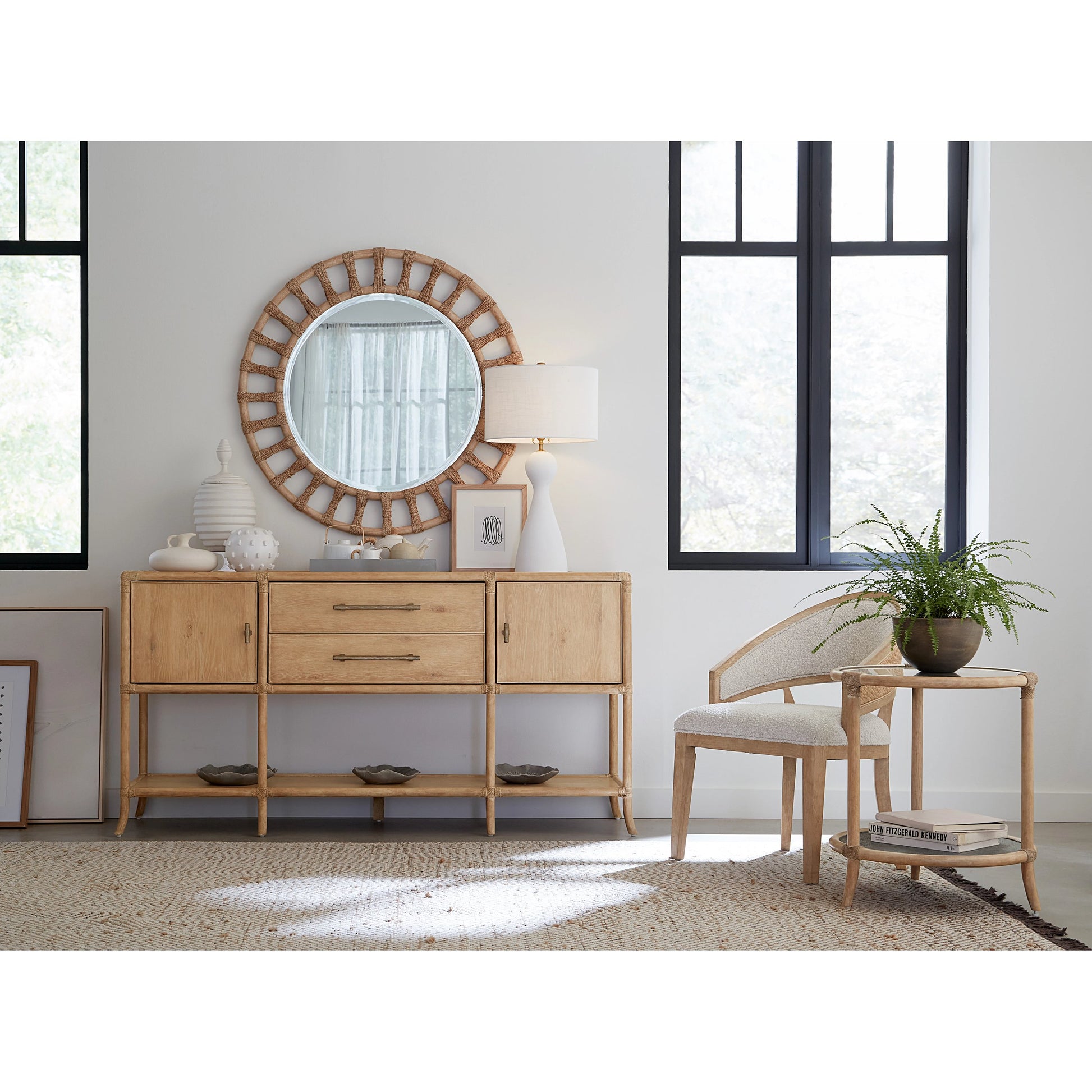 Retreat Raffia End Table by Hooker Furniture. Made from maple veneers, engineered raffia, rope, tempered glass in a cottage & farmhouse style.