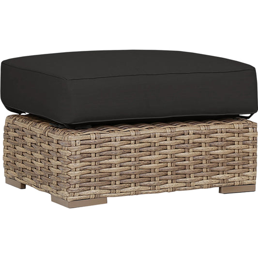 Havana Outdoor Ottoman in Canvas Flax by Sunset West in medium wood. Made from resin wicker in a modern style.