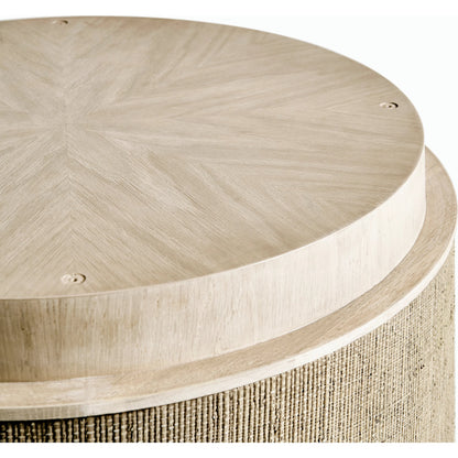 Water Abyss Single Pedestal Dining by Jonathan Charles in brown and performance linen. Made from oak solids, veneers, grass cloth in a modern style.
