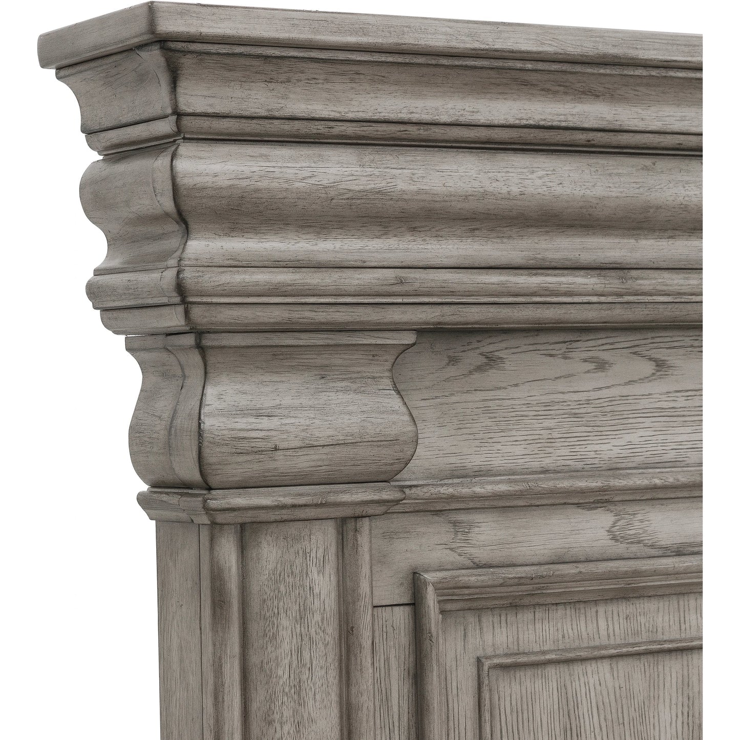 005 SI-2155601,SI-2155602,SI-2155603 | Closeup | Madison Ridge Bed by Pulaski Furniture in bluff grey. Made from asian hardwood, oak veneers in a traditional style.