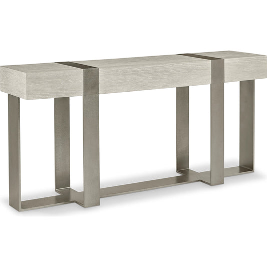 Tempo Console Table by Bernhardt in larza, satin nickel. Made from oak, aluminum in a transitional style.
