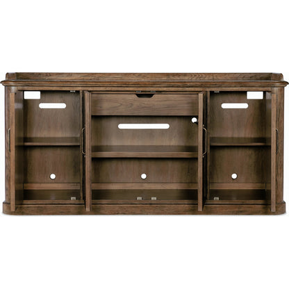 Americana Four-Door Buffet by Hooker Furniture in brown and honey finish. Made from oak veneers with solid-wood edge top in a rustic style.
