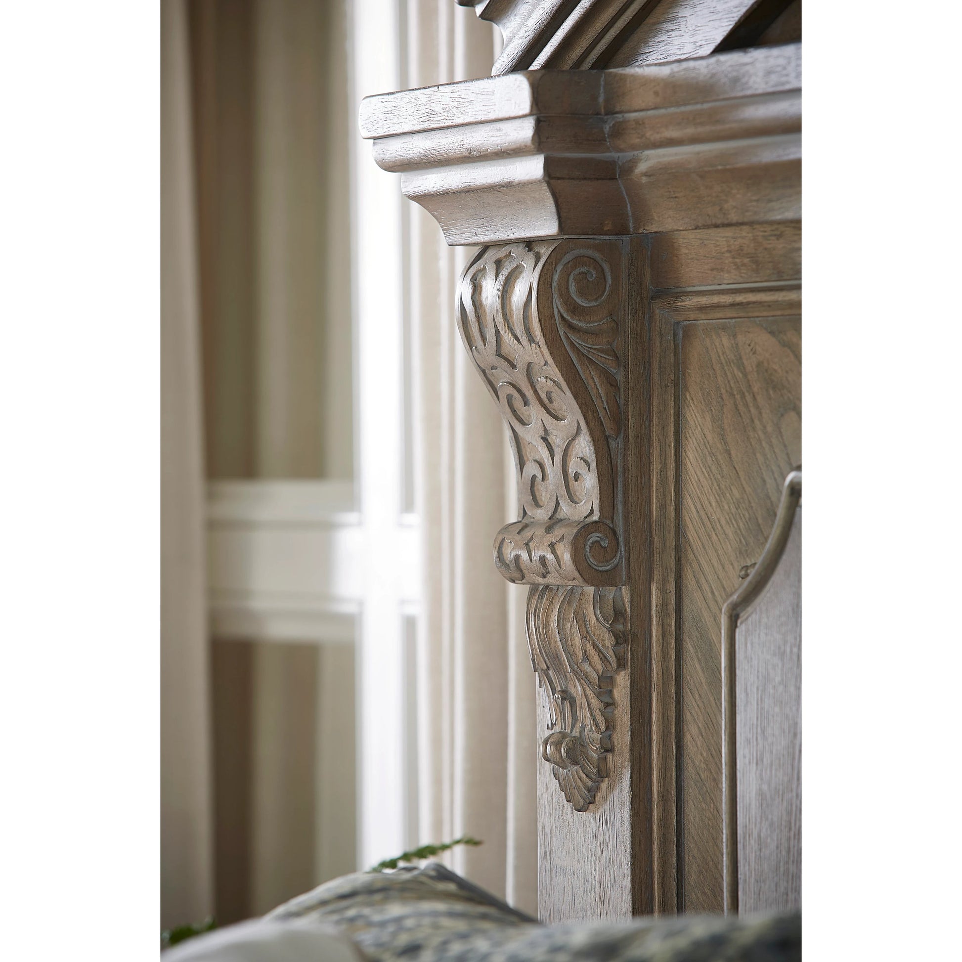 Arch Salvage Chambers Panel Bed by A.R.T. Furniture in brown and parch. Made from parrawood solids, cathedral elm veneers in a cottage & farmhouse style.