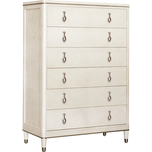 Grace 6-Drawer Chest by Pulaski Furniture in opulent opal. Made from quartered ash wood veneers in a unique style.