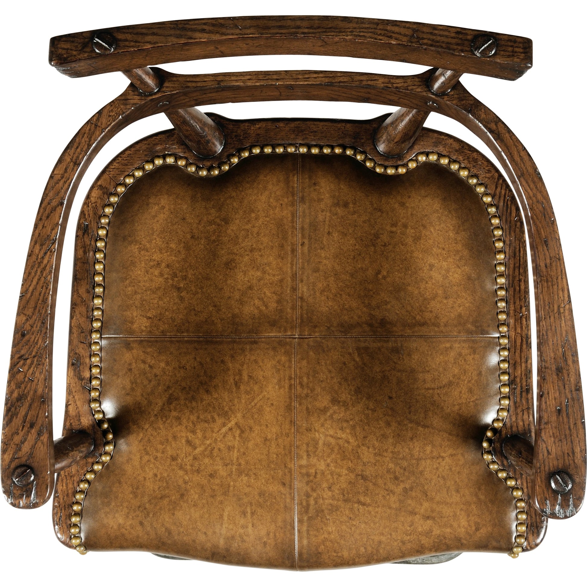 Casual Accents Tudor Oak Studded Leather Bar Stool by Jonathan Charles in brown and dark brown tudor oak. Made from oak in a rustic style.