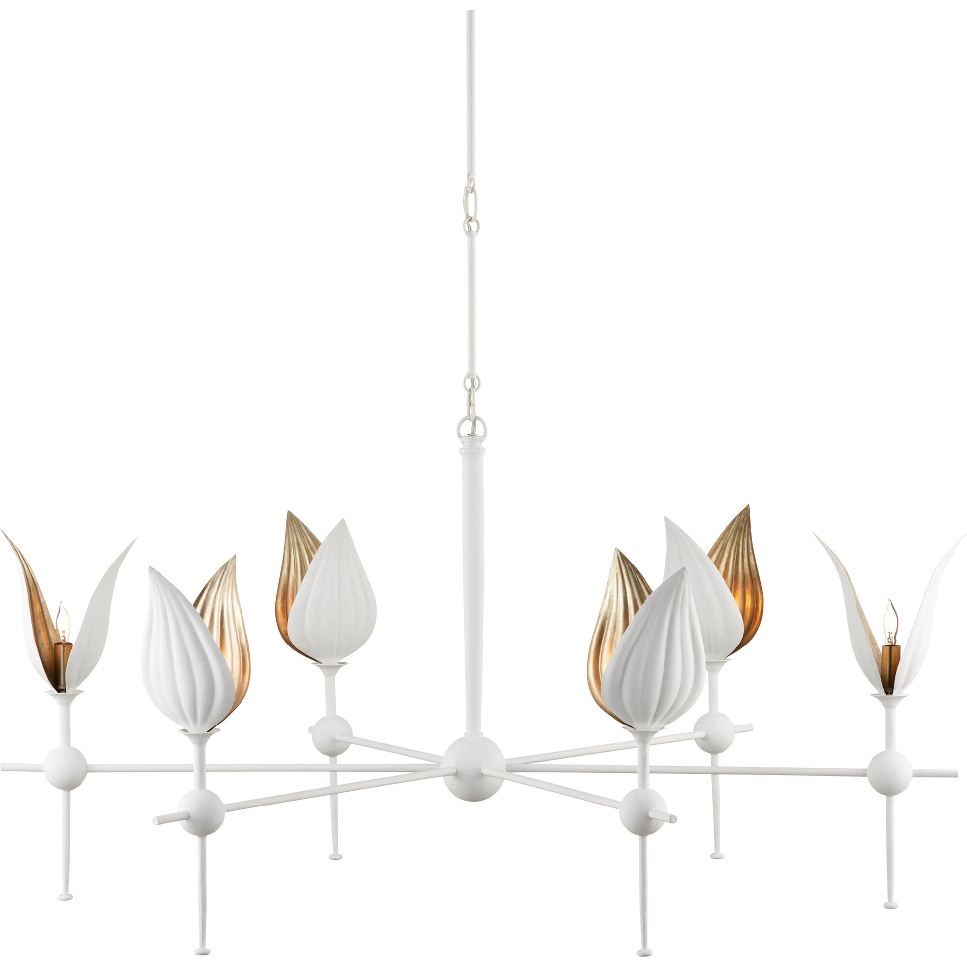 Peace Lily Chandelier by Currey and Company in gesso white, silver leaf. Made from wrought iron in a cottage & farmhouse style.