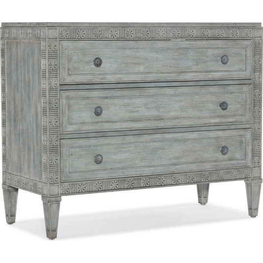 Charleston Three-Drawer Chest by Hooker Furniture in waterscape blue. Made from maple veneers with solid-wood edge top in a transitional style.