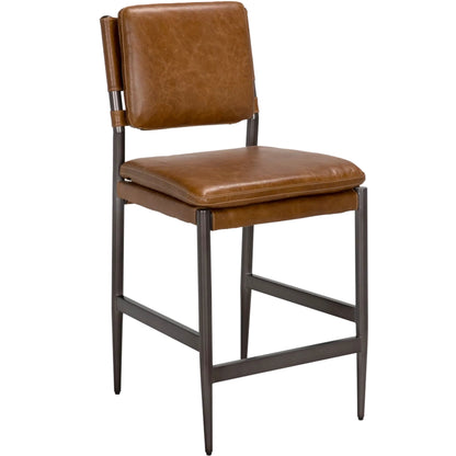 Wooster Counter Chair by Noir in steel grey powder coat, cuba brown leather. Made from industrial steel, top grain leather in a unique style.