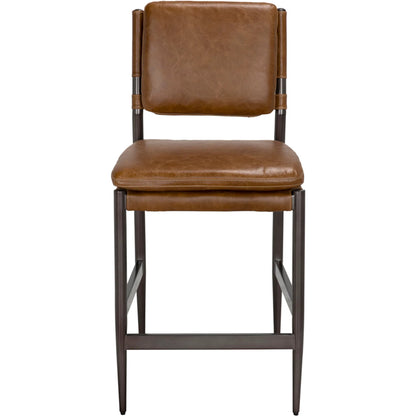 Wooster Counter Chair by Noir in steel grey powder coat, cuba brown leather. Made from industrial steel, top grain leather in a unique style.