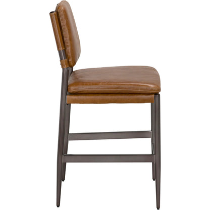 Wooster Counter Chair by Noir in steel grey powder coat, cuba brown leather. Made from industrial steel, top grain leather in a unique style.