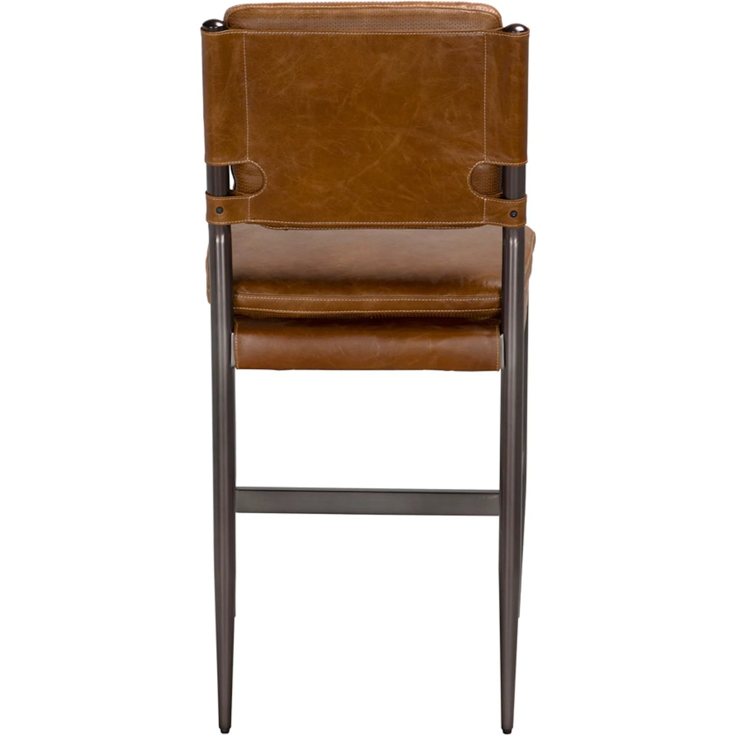 004 SI-2379027 | Closeup | Wooster Counter Chair by Noir in steel grey powder coat, cuba brown leather. Made from industrial steel, top grain leather in a unique style.