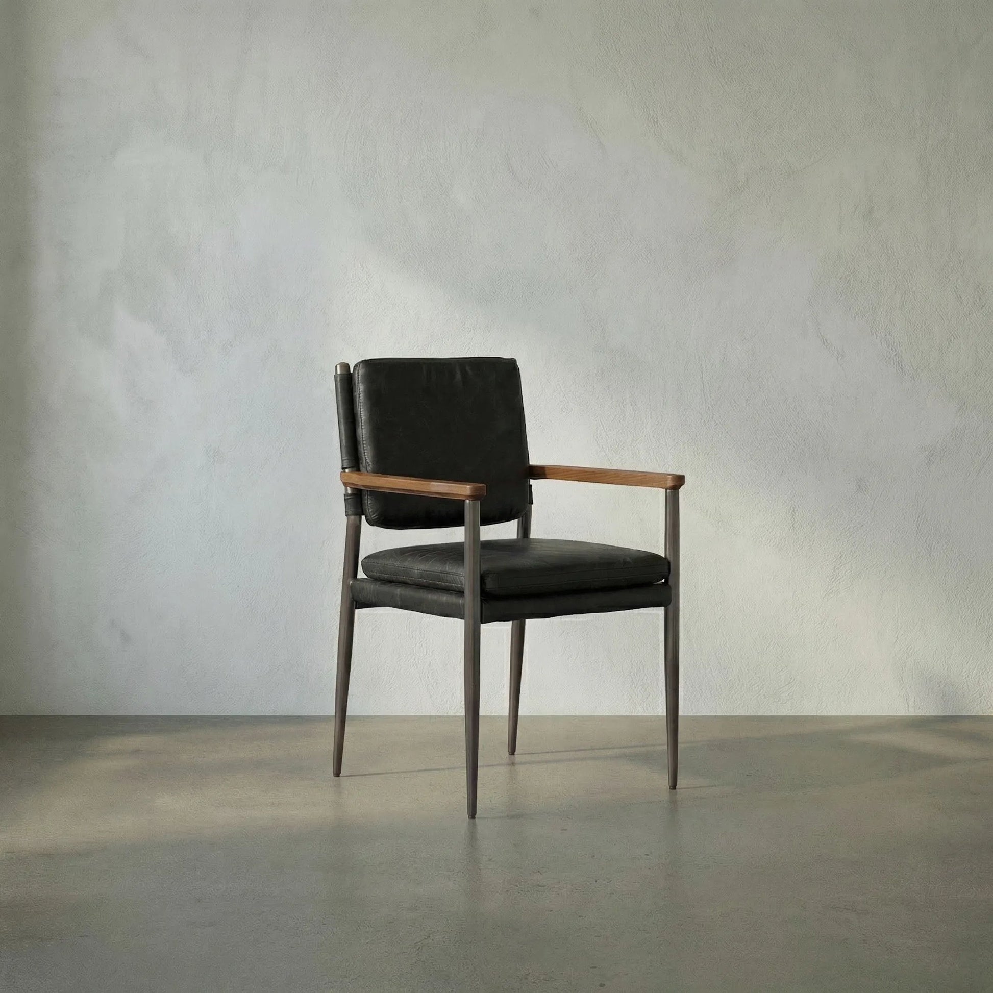 Wooster Chair by Noir in steel gray powder coat, dark walnut, and ebony black. Made from industrial steel, walnut, and top-grain leather in a traditional style.