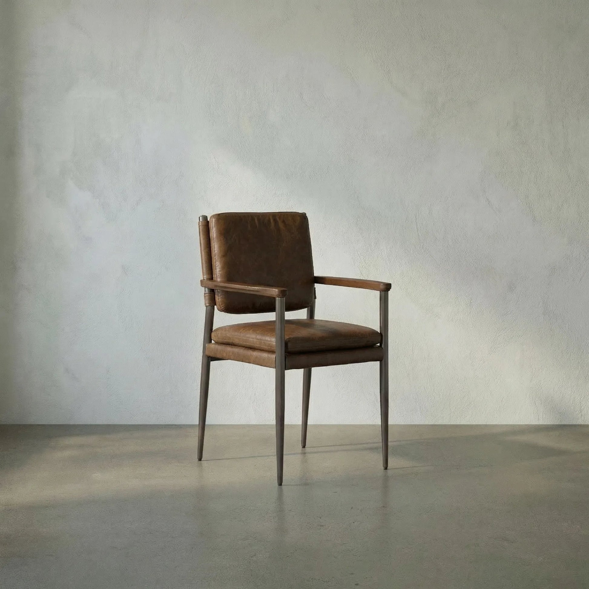 Wooster Dining Chair with Arms by Noir in steel grey powder coat, dark walnut, cuba brown leather. Made from industrial steel, top grain leather in a traditional style.