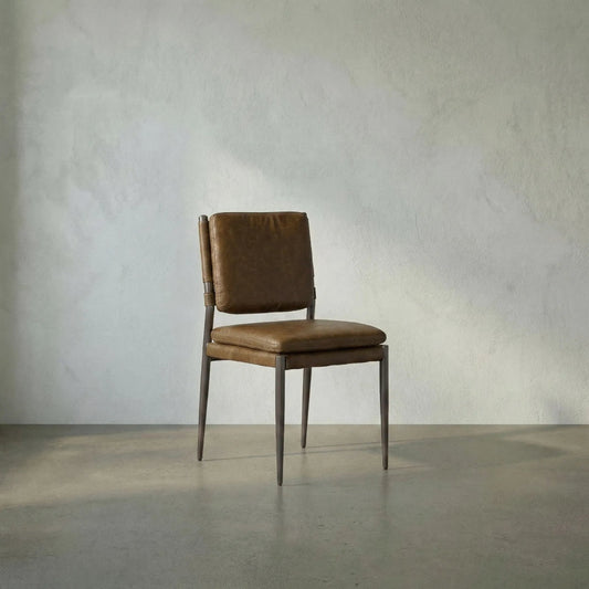 Wooster Dining Chair by Noir in steel grey powder coat, cuba brown leather. Made from industrial steel, top grain leather in a traditional style.