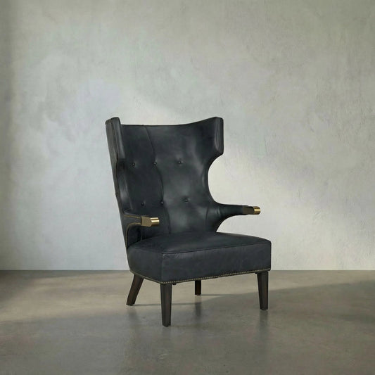 Heracles Chair by Noir in black leather, antique brass, dark walnut. Made from leather, wood, brass in a modern style.