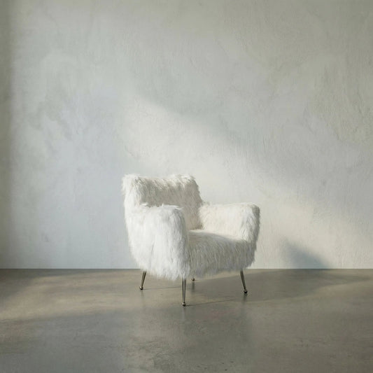 Rodney Chair by Noir in bronze powder coat and white fabric. Made from industrial steel and flokati in a modern style.