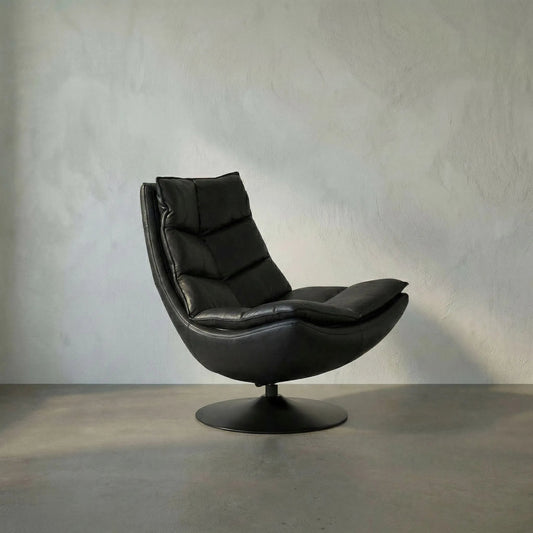 Liam Swivel Chair by Noir in santosa matte black, black powder coat. Made from industrial steel, top, top grain leather in a traditional style.