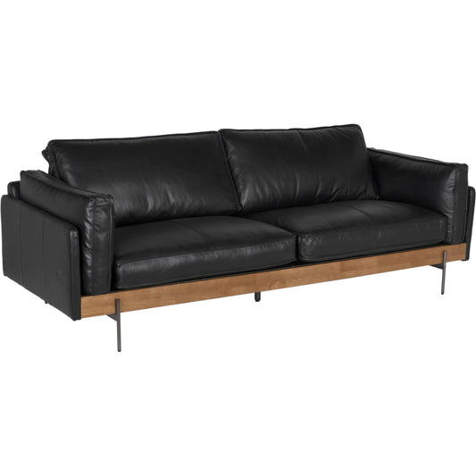 Ray Sofa by Noir in dark walnut, onyx black, and steel gray powder coat. Made from walnut, top-grain leather, and industrial steel in a unique style.