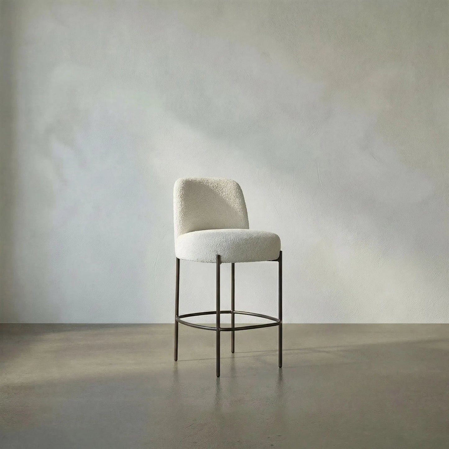 003 SI-2440889 | Lifestyle | Darwin Counter Chair by Noir in iron grey powder coat, boucle off white. Made from industrial iron, boucle fabric in a transitional style.