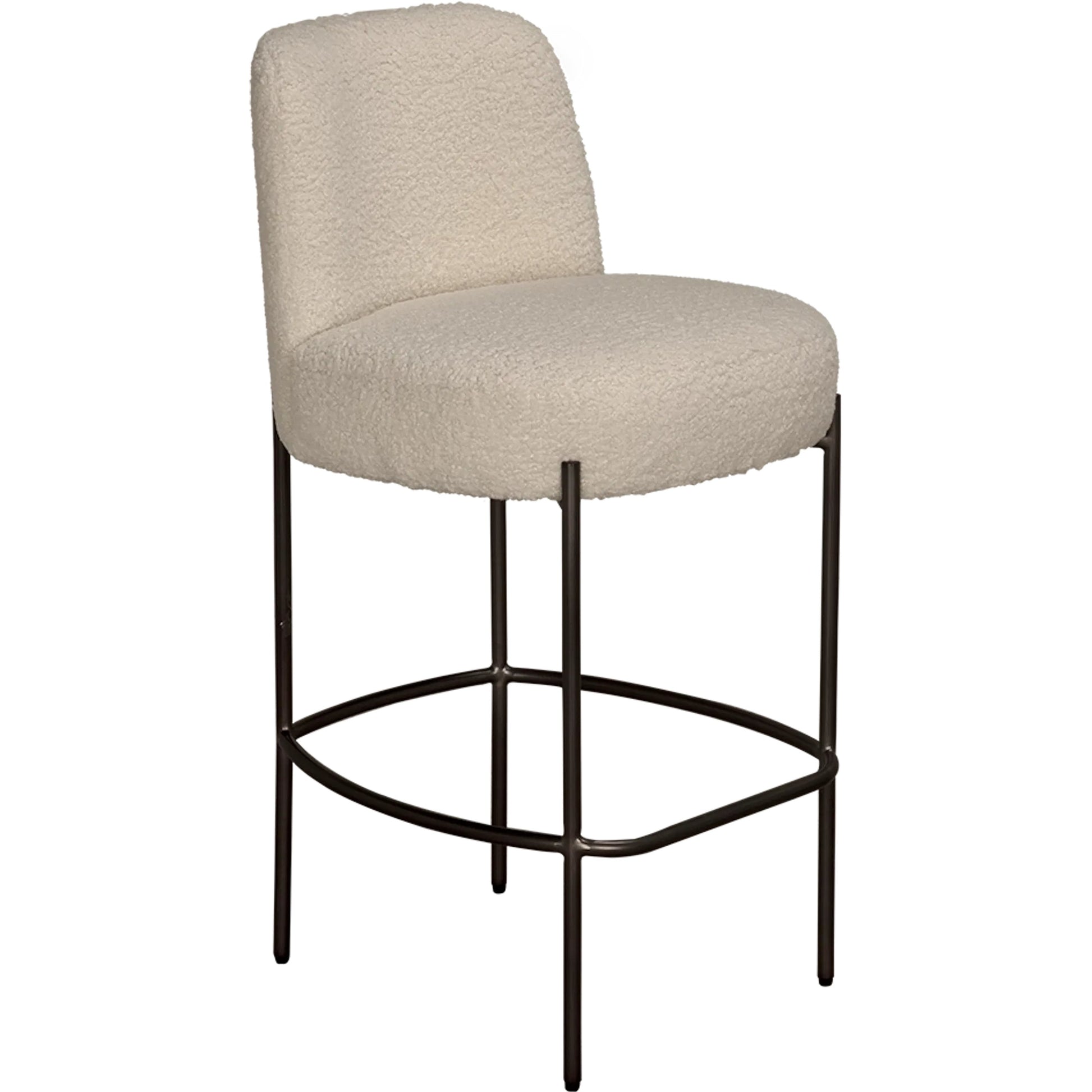 Darwin Counter Chair by Noir in iron grey powder coat, boucle off white. Made from industrial iron, boucle fabric in a transitional style.