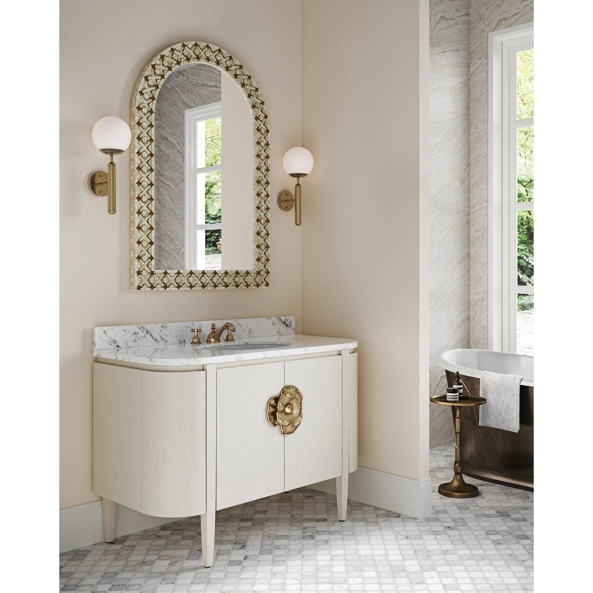 Ellaria Mirror by Currey and Company in natural bone, brass, mirror. Made from bone, brass, glass in a eclectic & global style.