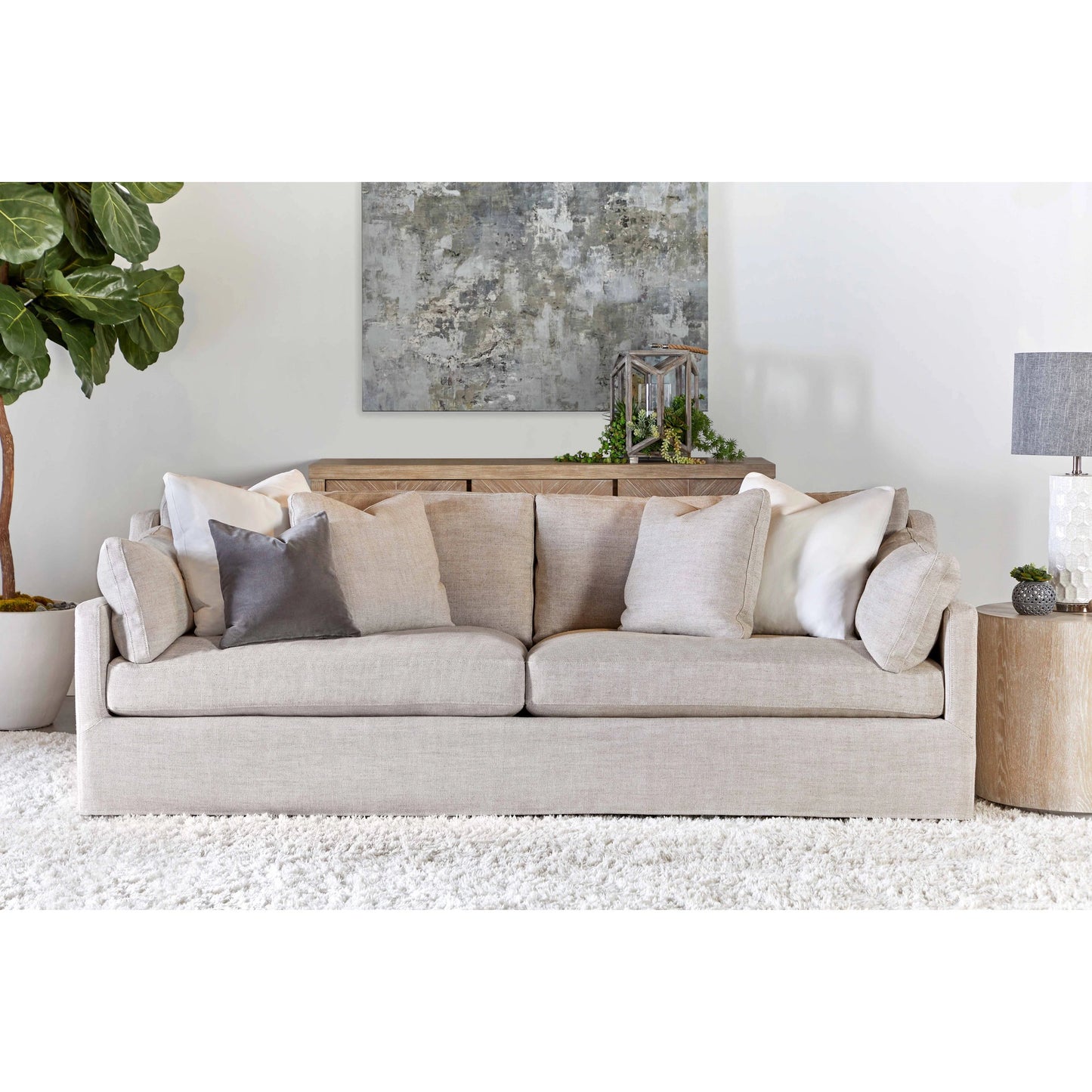 034 SI-1998843 | Closeup | Lena Slope Arm Slipcover Sofa by Essentials For Living in light beige, espresso. Made from solid birch wood, mdf, plywood in a modern style.