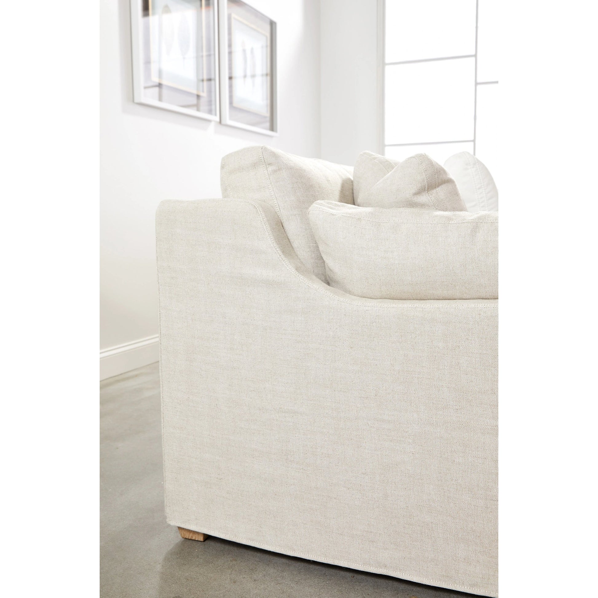 Lena Sofa by Essentials For Living in espresso, bisque. Made from solid birch wood, mdf, plywood, 55% linen, 45% polyester fabric, foam, down blend in a modern style.