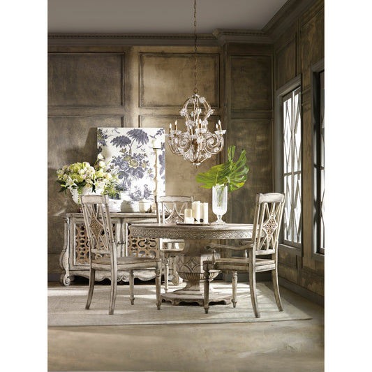 Chatelet Round Dining Table by Hooker Furniture in paris vintage. Made from pecan, walnut, maple veneers, resin, solid-wood edge top in a traditional style.
