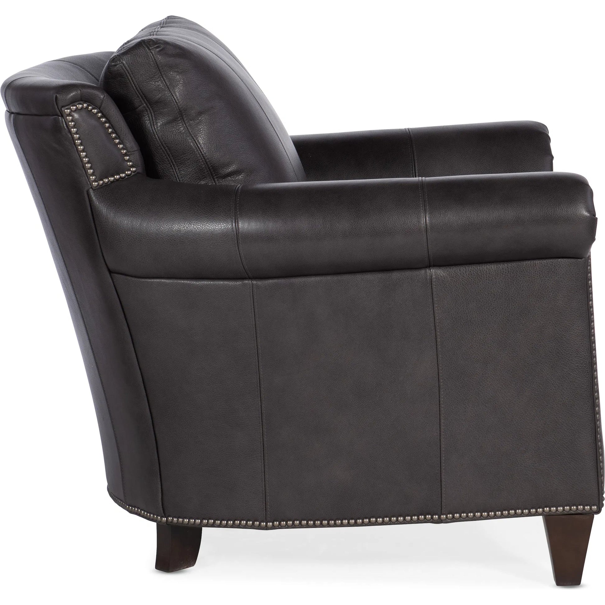 Richardson Stationary Chair by Bradington-Young by Hooker Furniture in charcoal and plantation finish, gunmetal. Made from 100% leather in a unique style.