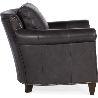 Richardson Stationary Chair by Bradington-Young by Hooker Furniture in charcoal and plantation finish, gunmetal. Made from 100% leather in a unique style.