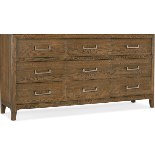 Chapman Nine-Drawer Dresser by Hooker Furniture in sorrel. Made from white oak veneers in a traditional style.