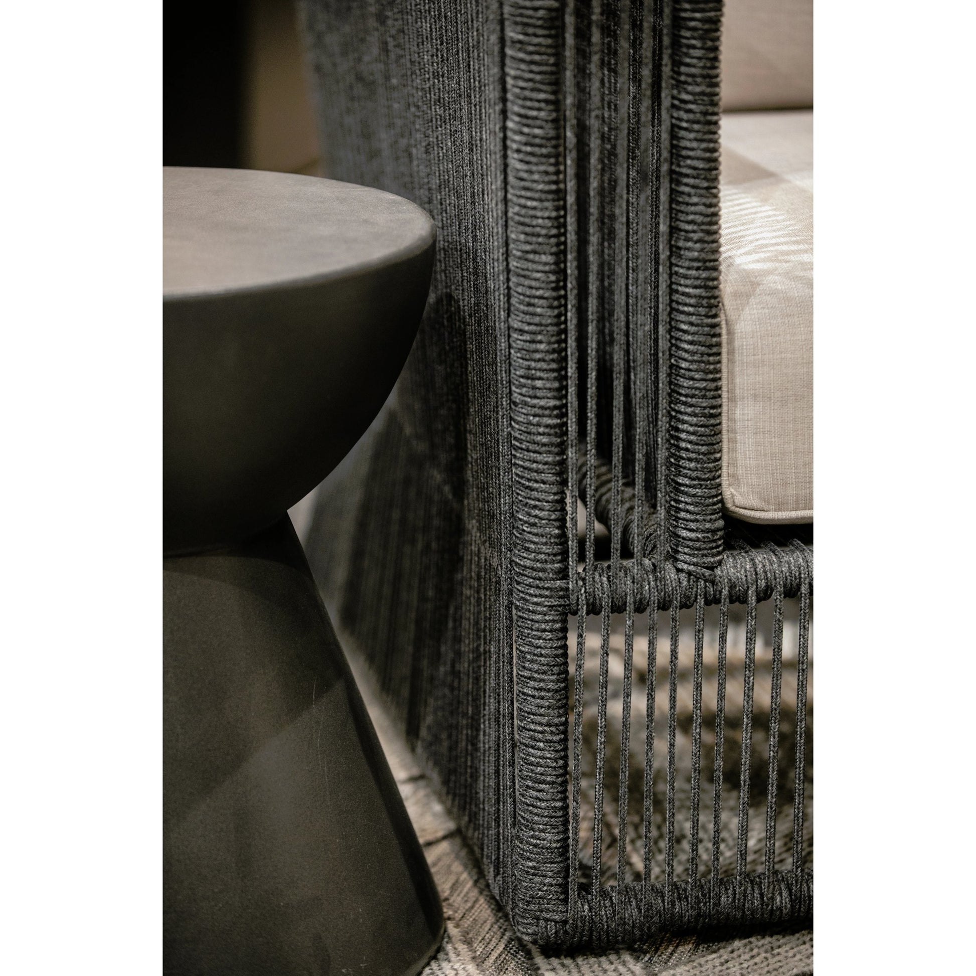 Milano Outdoor Sofa by Sunset West in slate. Made from olefin rope in a coastal style.