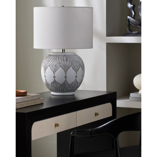 Lafia Accent Table Lamp 624843 by Surya in body: white; finial: metallic - nickel; harp: metallic - nickel; cord: translucent and paintedpainted. Made from resin, linen, plastic, iron in a unique style.
