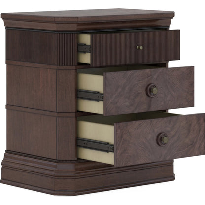 Revival Nightstand by A.R.T. Furniture in brown and napa mahogany. Made from rubberwood solids, quarter mahogany veneer, resin, metal in a traditional style.