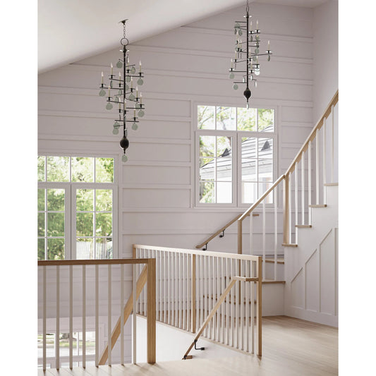 Sethos Chandelier by Currey and Company in old iron, recycled glass. Made from wrought iron, glass in a modern style.