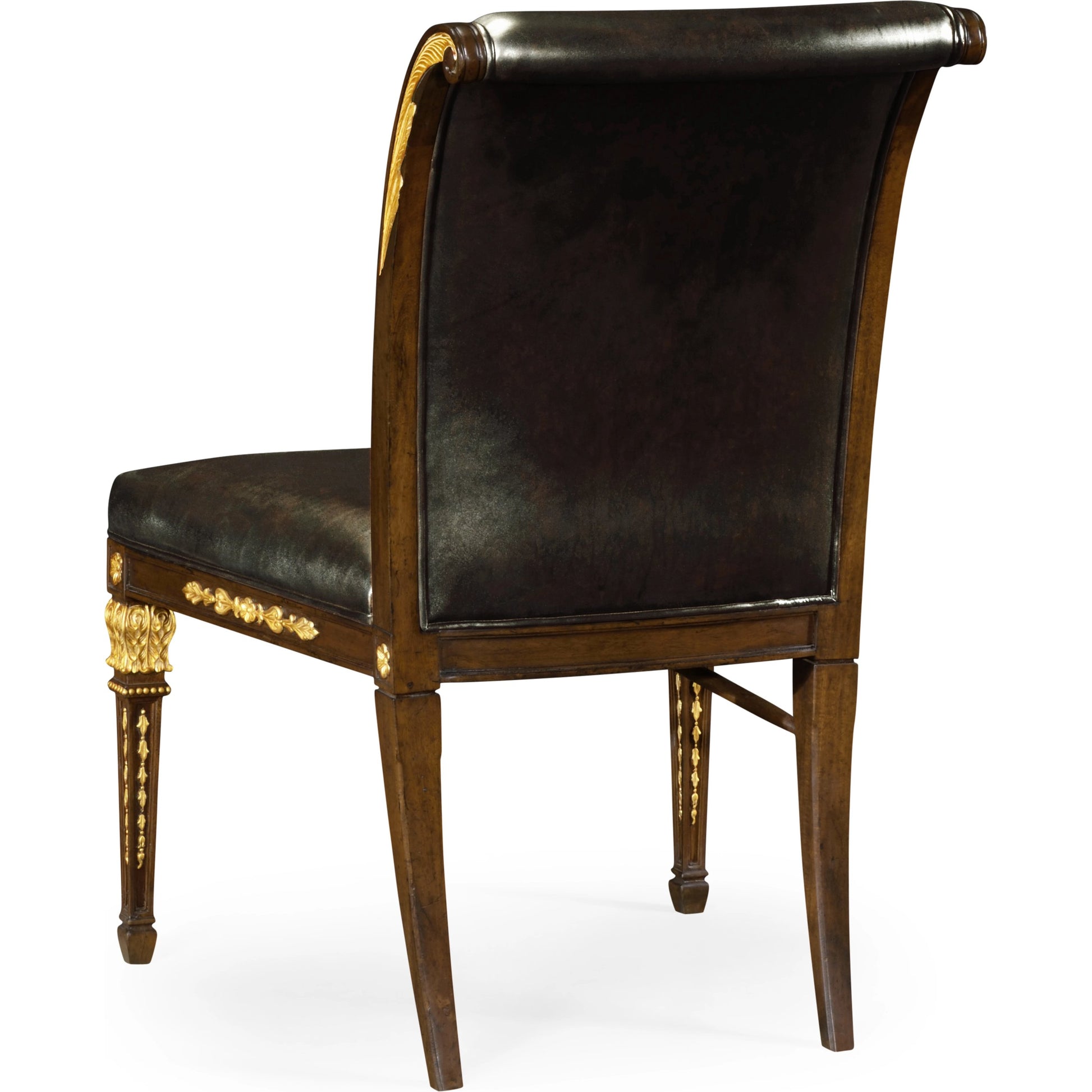 Icarus Empire Angel Wing Side Chair, Upholstered Antique Caviar Black Leather by Jonathan Charles in brown and medium walnut. Made from acacia in a eclectic & global style.