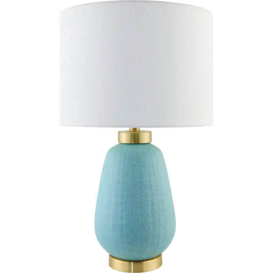 Lago Accent Table Lamp by Livabliss in teal and metallic, glazed, plated. Made from ceramic, iron, linen, polyester in a unique style.