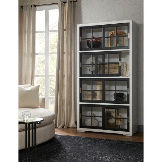 Contemporary 4-Shelf Sliding Door Bookcase by Pulaski Furniture in white, black. Made from birch wood veneers in a unique style.