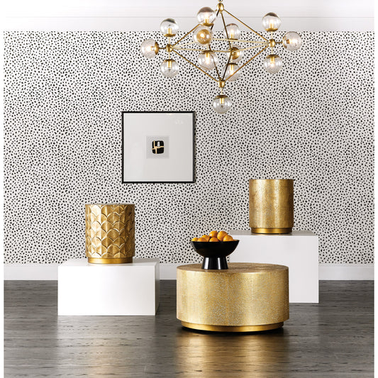 Melange Audra Round Accent Table by Hooker Furniture in gold. Made from brass foil with mango wood, iron in a modern style.