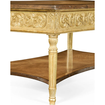 Versailles Louis Xiv Style Rectangular Coffee Table by Jonathan Charles in gold and light antique gold-leaf. Made from acacia in a traditional style.