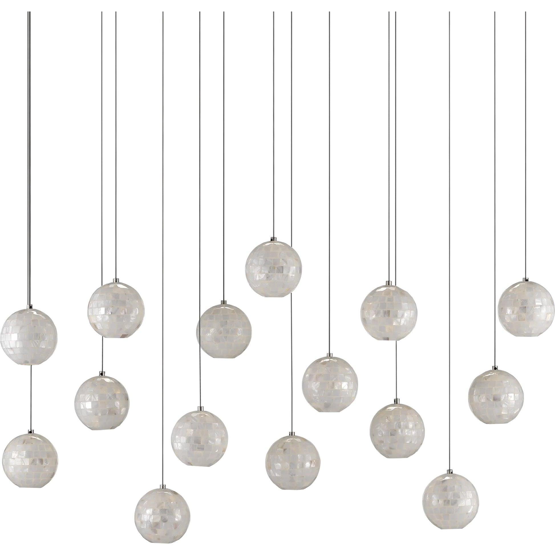 Finhorn Linear Pendant by Currey and Company in painted silver, pearl. Made from metal, mother of pearl in a modern style.