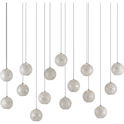 Finhorn Linear Pendant by Currey and Company in painted silver, pearl. Made from metal, mother of pearl in a modern style.