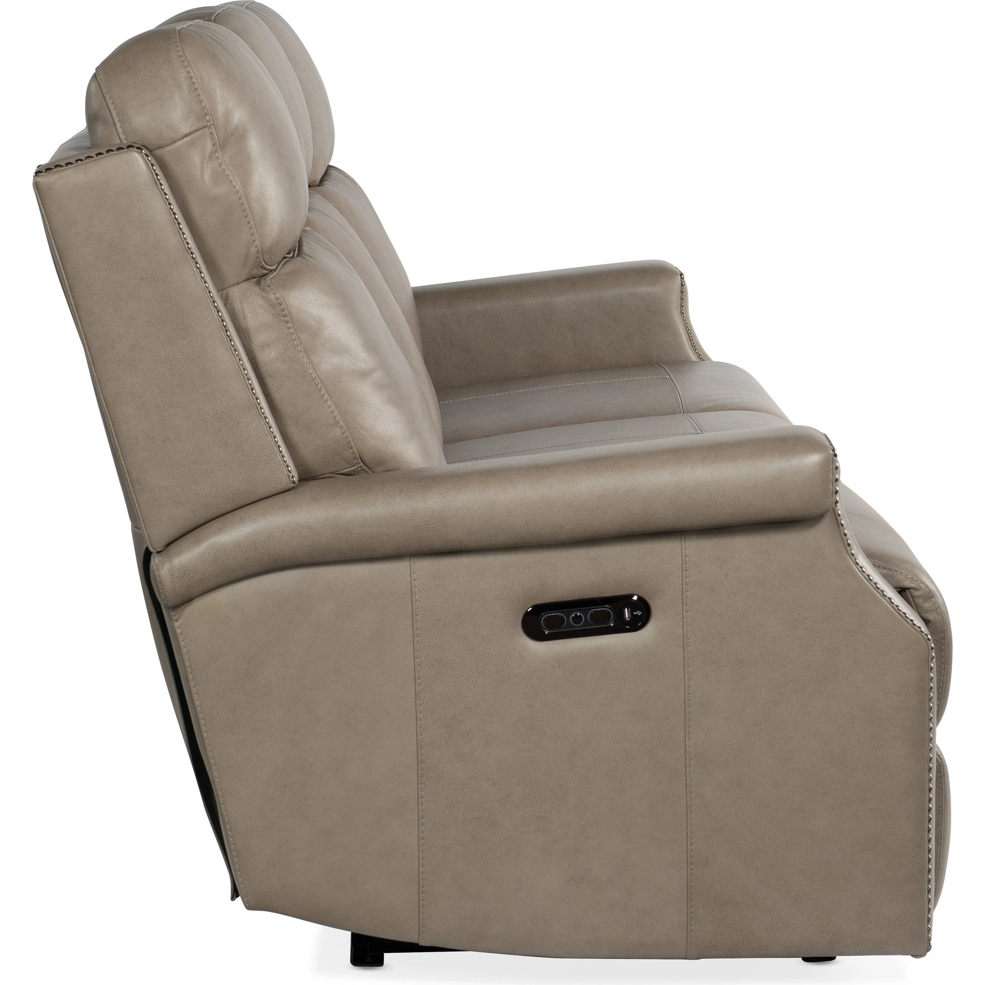 Vaughn Zero Gravity Sofa by Hooker Furniture in shattered stone. Made from leather in a traditional style.