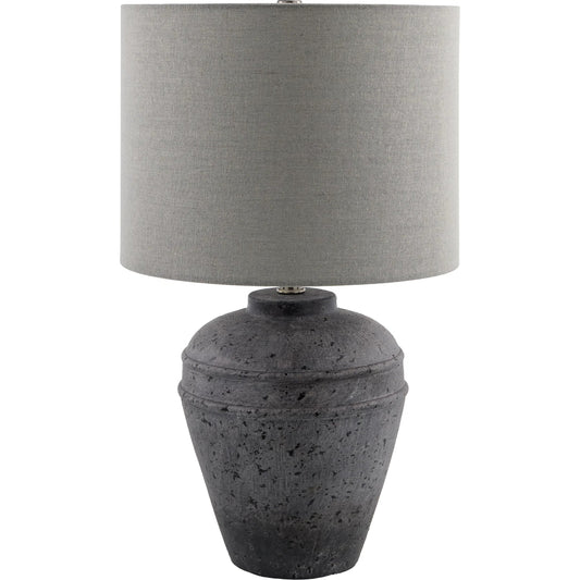 Lushof Accent Table Lamp 625304 by Livabliss in body: gray; shade (outside): wheat; shade (inside): white; finial: metallic - nickel; harp: metallic - nickel; cord: translucent and paintedplated. Made from cement, linen, pol