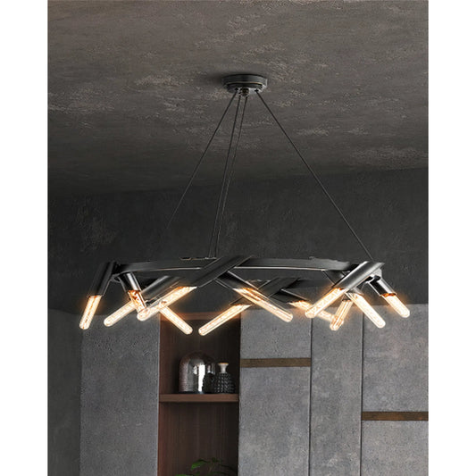 Luciole Chandelier by Currey and Company in oil rubbed bronze. Made from metal, air craft cable in a modern style.