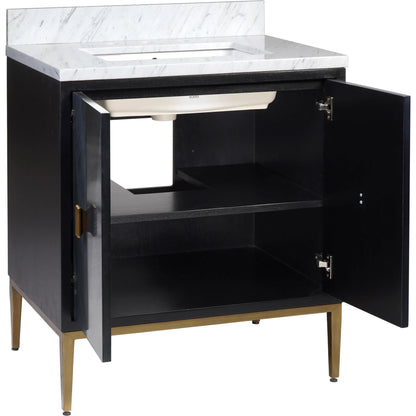 Kallista 30" Blue Vanity with Undermount Sink by Currey and Company in dark sapphire, caviar black, natural, white, antique brass. Made from sycamore veneer, mahogany veneer, carrera marble, vitreous china, iron, brass in a eclectic & 